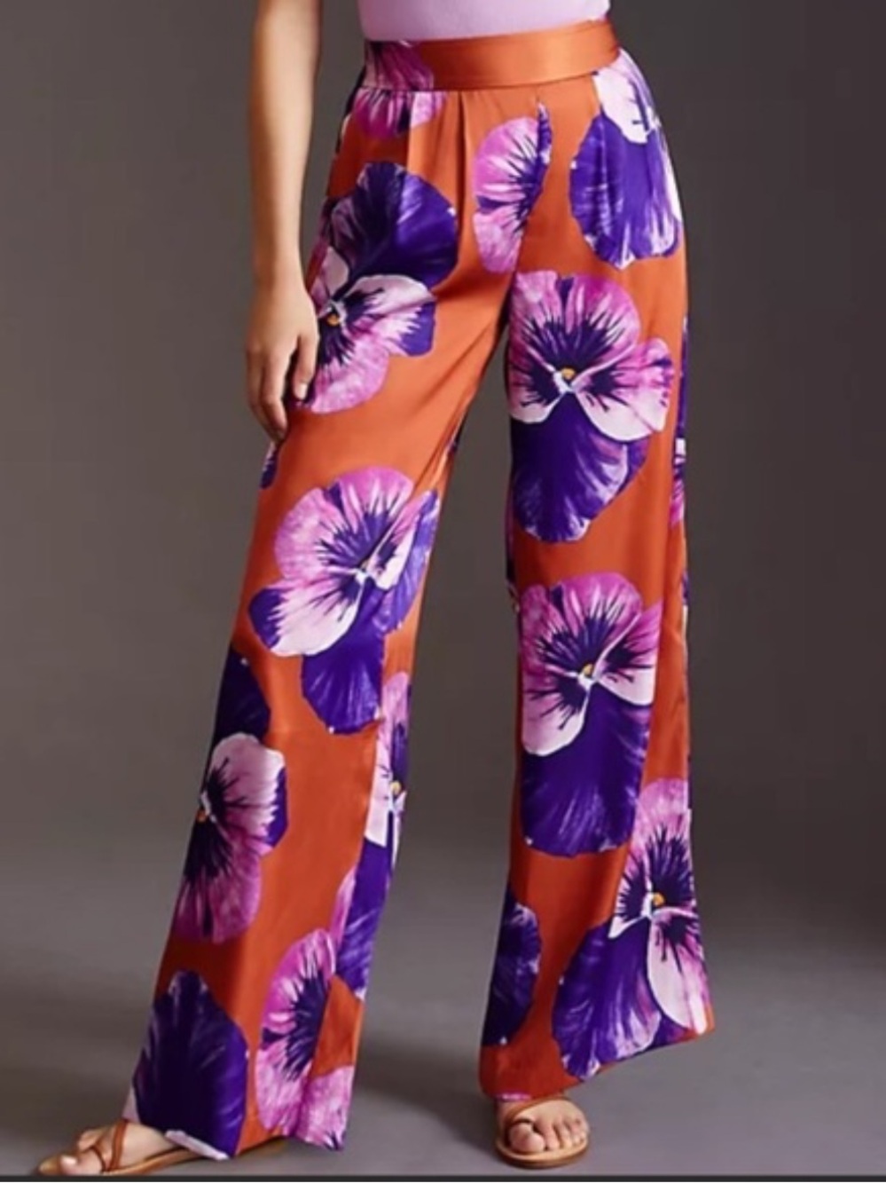 Anthropologie Hutch Rust Wide-Leg Pants with Purple Floral Print medium